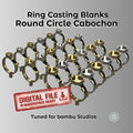 Rendered display of multiple 3D-modeled cabochon ring blanks in silver and gold finishes, arranged in rows on a reflective surface. Text overlay reads “Digital Project Files for Bambu Studios – Round & Circle Cabochon Ring casting Blanks.” Designed for PolyCast burnout filament, ideal for 3D printing and jewelry casting.