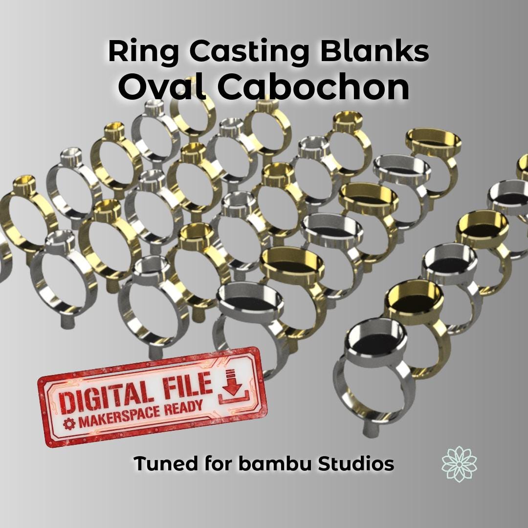 Rendered display of multiple 3D-modeled oval cabochon ring blanks in silver and gold finishes, arranged in rows on a reflective surface. Text overlay reads “Digital Project Files for Bambu Studios – Oval Cabochon Ring casting Blanks.” Designed for PolyCast burnout filament, ideal for 3D printing and jewelry casting.