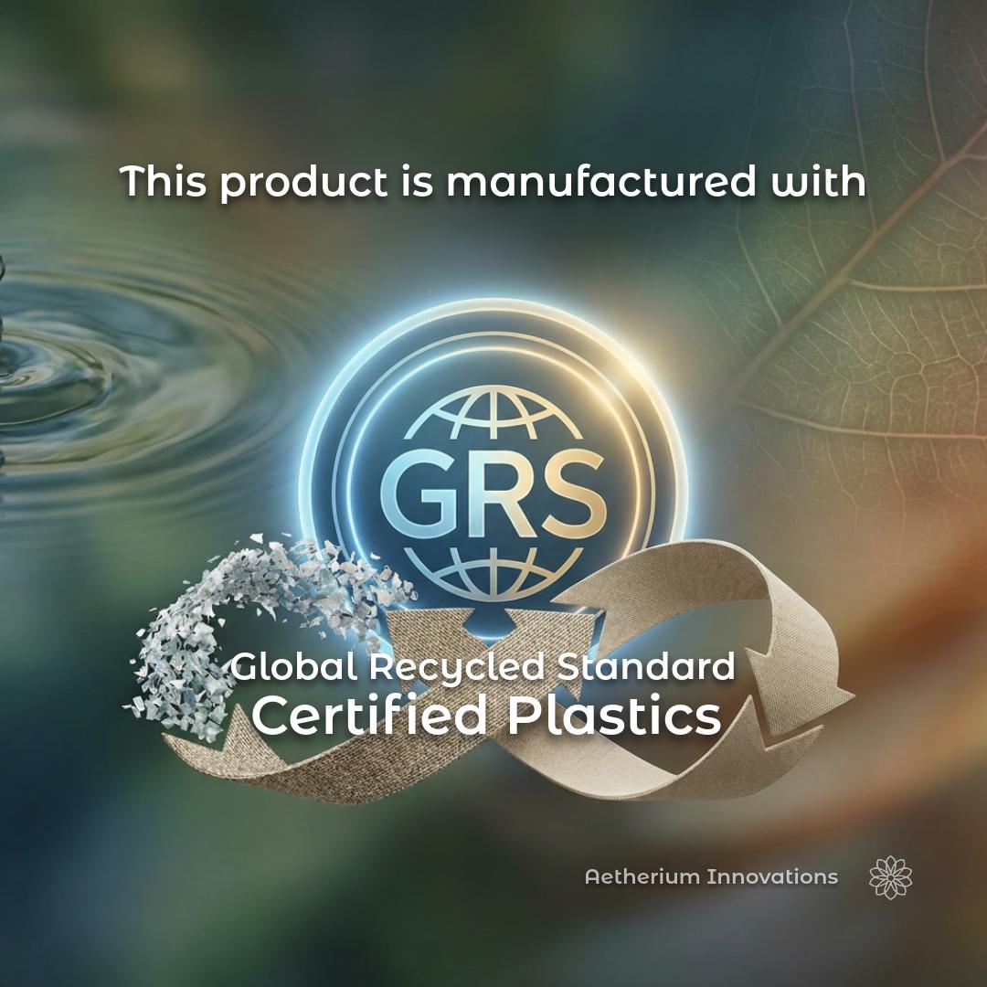 Global Recycled Standard GRS certification badge with a circular globe icon and recycling ribbon, indicating that this product is manufactured using at least 50 percent GRS certified recycled plastic materials. The image includes recycled plastic flakes, sustainability-focused visuals, and Aetherium Innovations branding, communicating verified recycled content and responsible material sourcing.