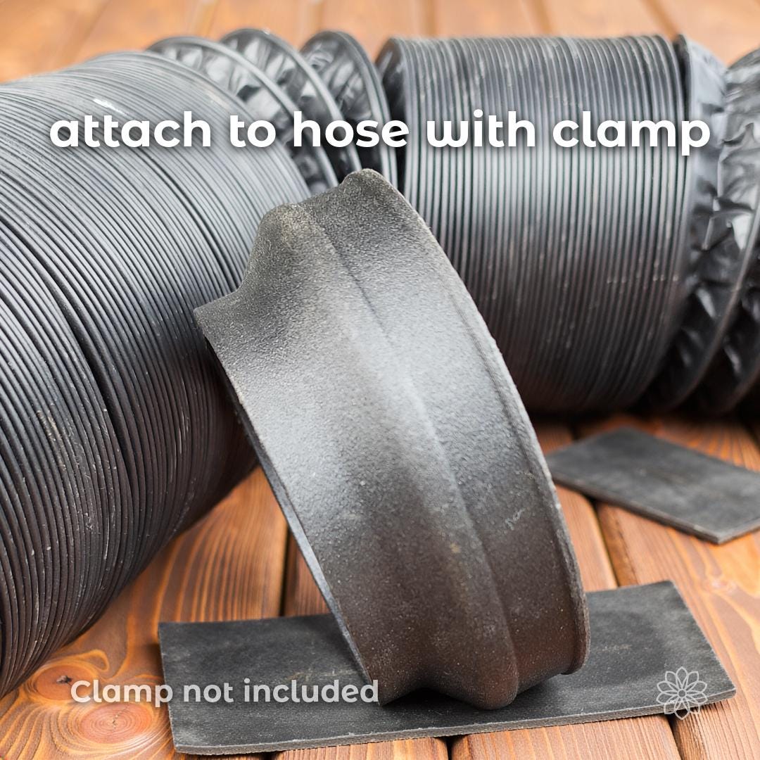 Close-up view of the diesel heater adapter inserted into 4-inch dryer hose, showing how the hose clamps securely around the adapter for a tight seal. The image illustrates compatibility with standard HVAC clamps used in diesel heater installations for vans, tents, and off-grid shelters.