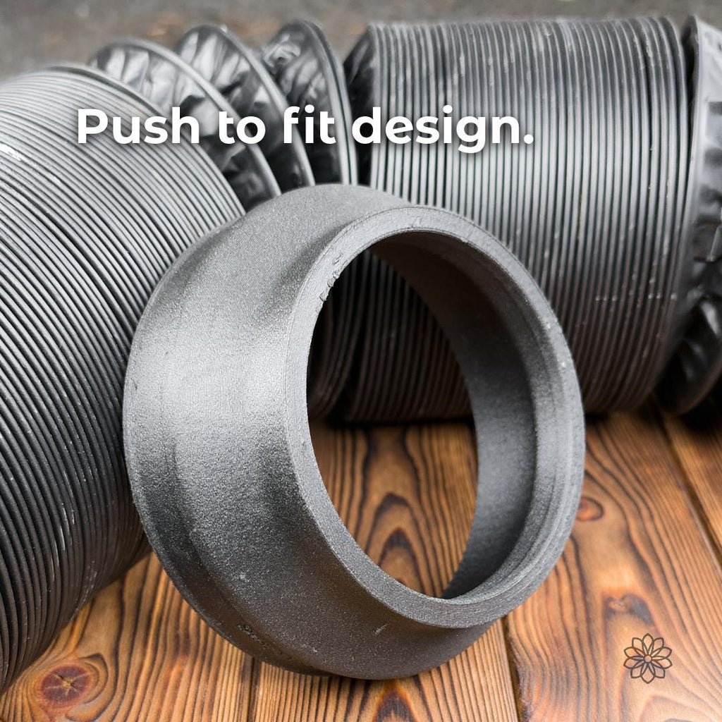 Diesel heater duct adapter shown next to flexible 4-inch dryer hose, demonstrating push-to-fit installation. The adapter is designed to slide into the heater outlet and accept standard HVAC hose secured with a clamp, providing a clean and reliable connection for camping and overland heating setups.