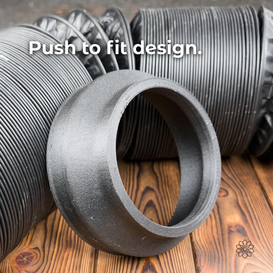 Diesel heater duct adapter shown next to flexible 4-inch dryer hose, demonstrating push-to-fit installation. The adapter is designed to slide into the heater outlet and accept standard HVAC hose secured with a clamp, providing a clean and reliable connection for camping and overland heating setups.
