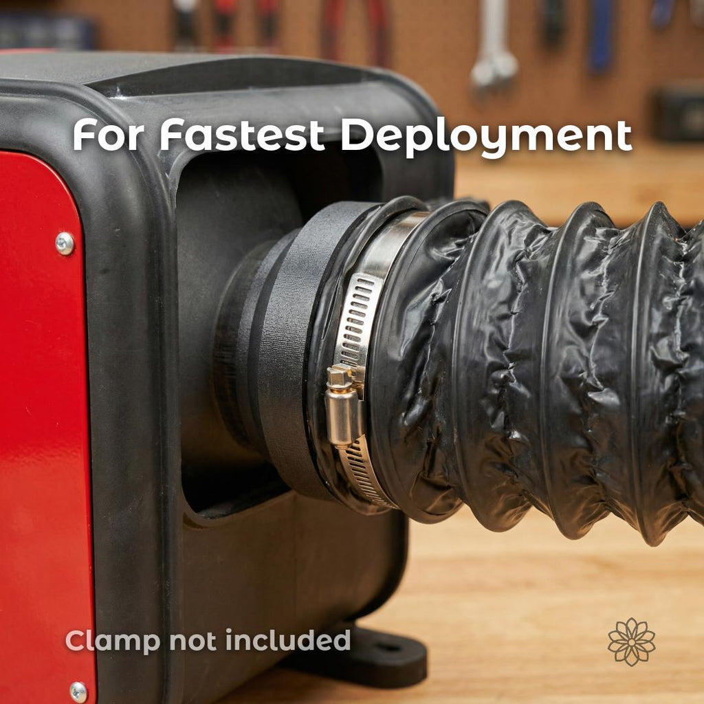 Diesel heater fitted with the Mag-Link magnetic adapter connected to a 4-inch dryer hose using a clamp. This image highlights fast deployment for overland and camping use, allowing the hose to be removed without tools while maintaining a secure and heat-resistant connection.