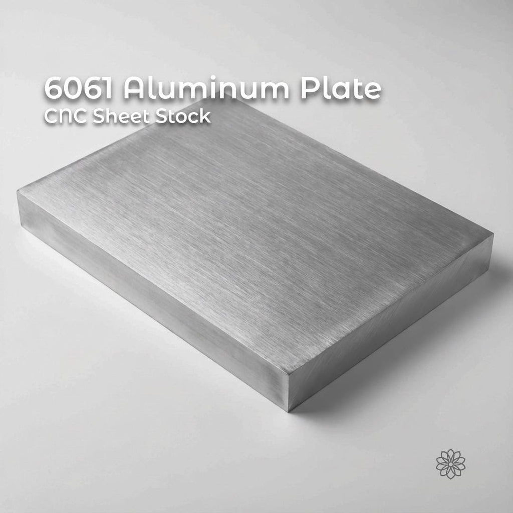 6061 Aluminum Plate CNC sheet stock, brushed silver aluminum block with clean machined faces and sharp edges on a light gray background, shown as thick plate material for milling, fixtures, jigs, and precision machining.