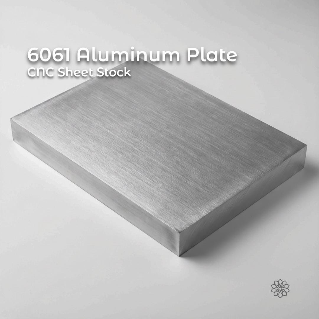 6061 Aluminum Plate CNC sheet stock, brushed silver aluminum block with clean machined faces and sharp edges on a light gray background, shown as thick plate material for milling, fixtures, jigs, and precision machining.
