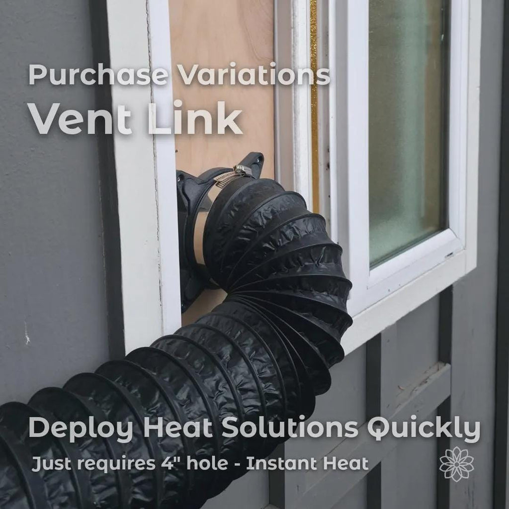 Vent Link magnetic heater pass-through installed in a window insert, routing a 4-inch flexible diesel heater hose through a wall opening for temporary heat deployment. The adapter creates a clean, reversible airflow path without permanent modification. On-image text reads “Purchase Variations Vent Link,” “Deploy Heat Solutions Quickly,” and “Just requires 4 inch hole – Instant Heat.”