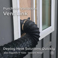 Vent Link magnetic heater pass-through installed in a window insert, routing a 4-inch flexible diesel heater hose through a wall opening for temporary heat deployment. The adapter creates a clean, reversible airflow path without permanent modification. On-image text reads “Purchase Variations Vent Link,” “Deploy Heat Solutions Quickly,” and “Just requires 4 inch hole – Instant Heat.”
