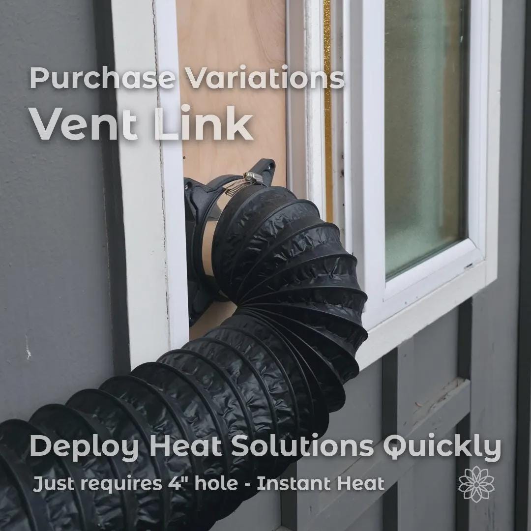Vent Link magnetic heater pass-through installed in a window insert, routing a 4-inch flexible diesel heater hose through a wall opening for temporary heat deployment. The adapter creates a clean, reversible airflow path without permanent modification. On-image text reads “Purchase Variations Vent Link,” “Deploy Heat Solutions Quickly,” and “Just requires 4 inch hole – Instant Heat.”