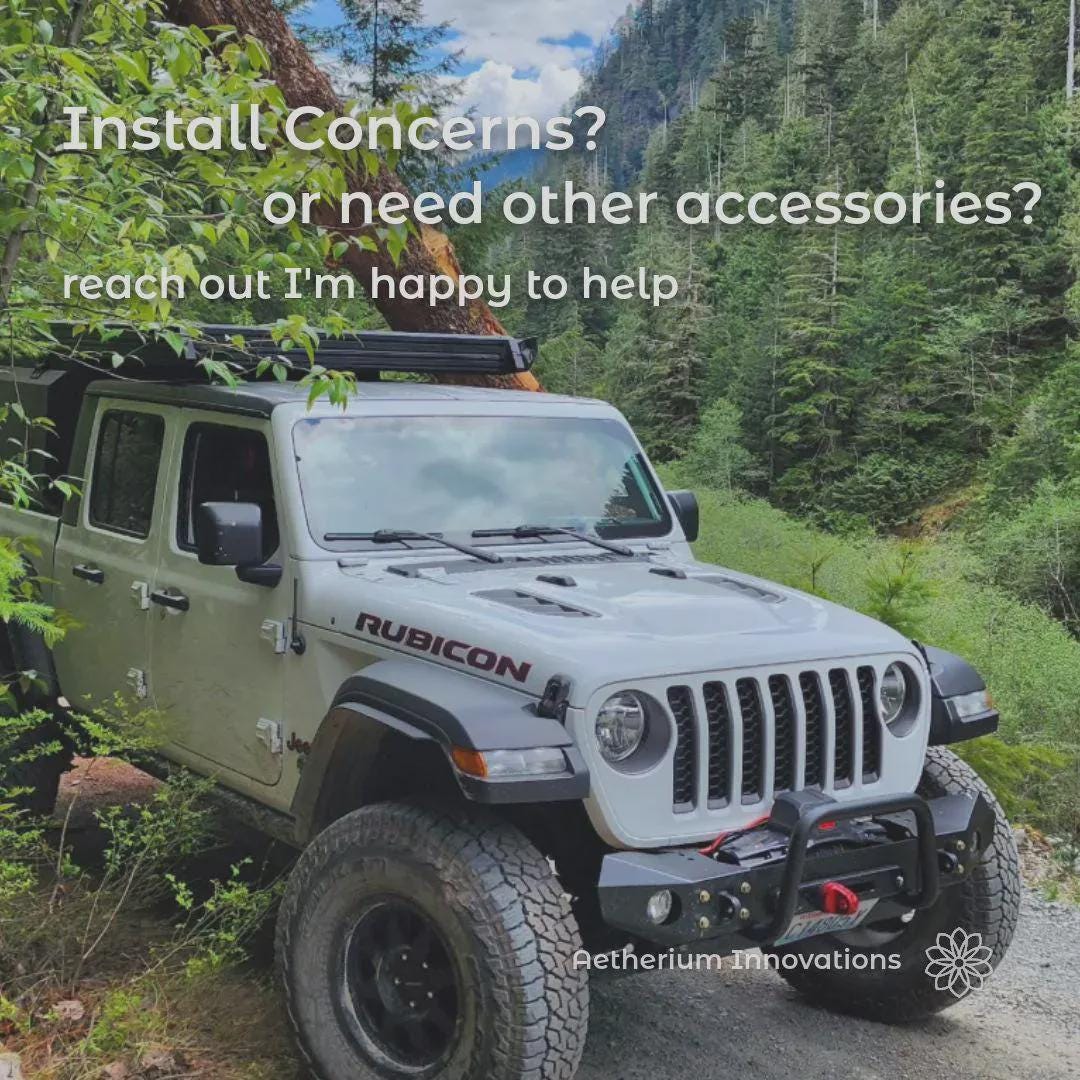 Aetherium Innovations brand image showing an off-road vehicle in a forest setting, representing real-world testing, custom prototyping, and support for off-grid gear and accessories. This image reflects hands-on development, iterative design, and direct customer support for creating custom heater solutions and modular systems. On-image text reads “Install Concerns? or need other accessories? reach out I’m happy to help.”