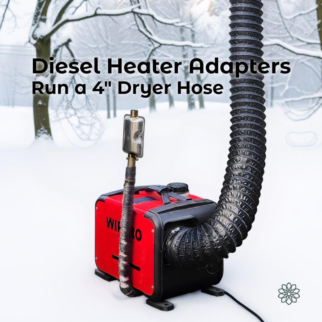 Portable diesel heater operating outdoors in a snowy winter environment with a 4-inch black dryer hose attached using a 75mm to 4-inch diesel heater adapter. The image shows cold-weather overland and camping use, highlighting compatibility with common diesel heaters like Vevor and Wippro for tents, cabins, and off-grid heating setups.