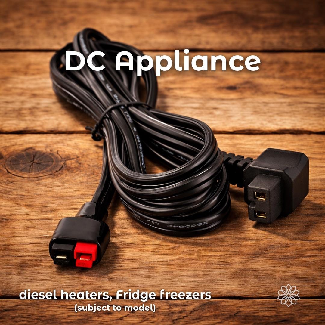 DC appliance power cable with an Anderson Powerpole connector on one end and a dual DC appliance plug on the other, coiled on a wooden surface. This adapter is shown for use with diesel heaters and portable fridge freezers, subject to appliance model compatibility. On-image text reads “DC Appliance” and “diesel heaters, fridge freezers (subject to model).”