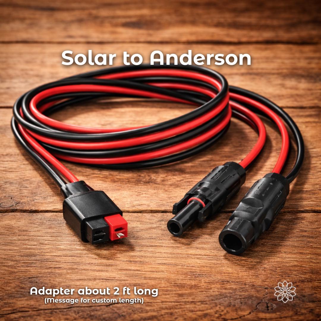 Solar panel to Anderson Powerpole adapter cable with MC4-style solar connectors on one end and an Anderson Powerpole connector on the other. The red and black DC cable is shown coiled, indicating use for integrating solar panels into a Daisy Power Systems DC setup. On-image text reads “Solar to Anderson” and “Adapter about 2 ft long (message for custom length).”