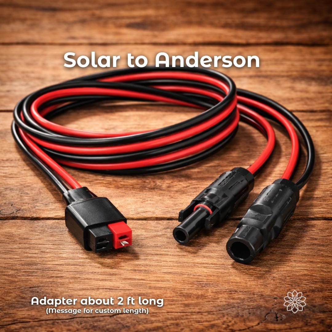 Solar panel to Anderson Powerpole adapter cable with MC4-style solar connectors on one end and an Anderson Powerpole connector on the other. The red and black DC cable is shown coiled, indicating use for integrating solar panels into a Daisy Power Systems DC setup. On-image text reads “Solar to Anderson” and “Adapter about 2 ft long (message for custom length).”