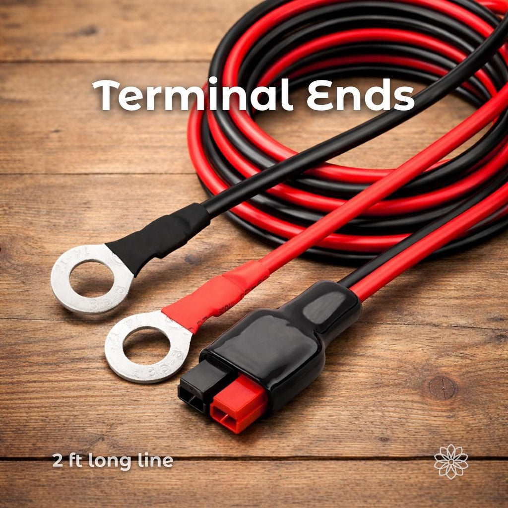 Close-up of a two-foot Anderson Powerpole adapter cable with ring terminal ends, showing red and black fine-strand copper wire with heat-shrink-protected terminations. The image highlights terminal end options and cable flexibility for DC power connections. On-image text reads “Terminal Ends” and “2 ft long line.”