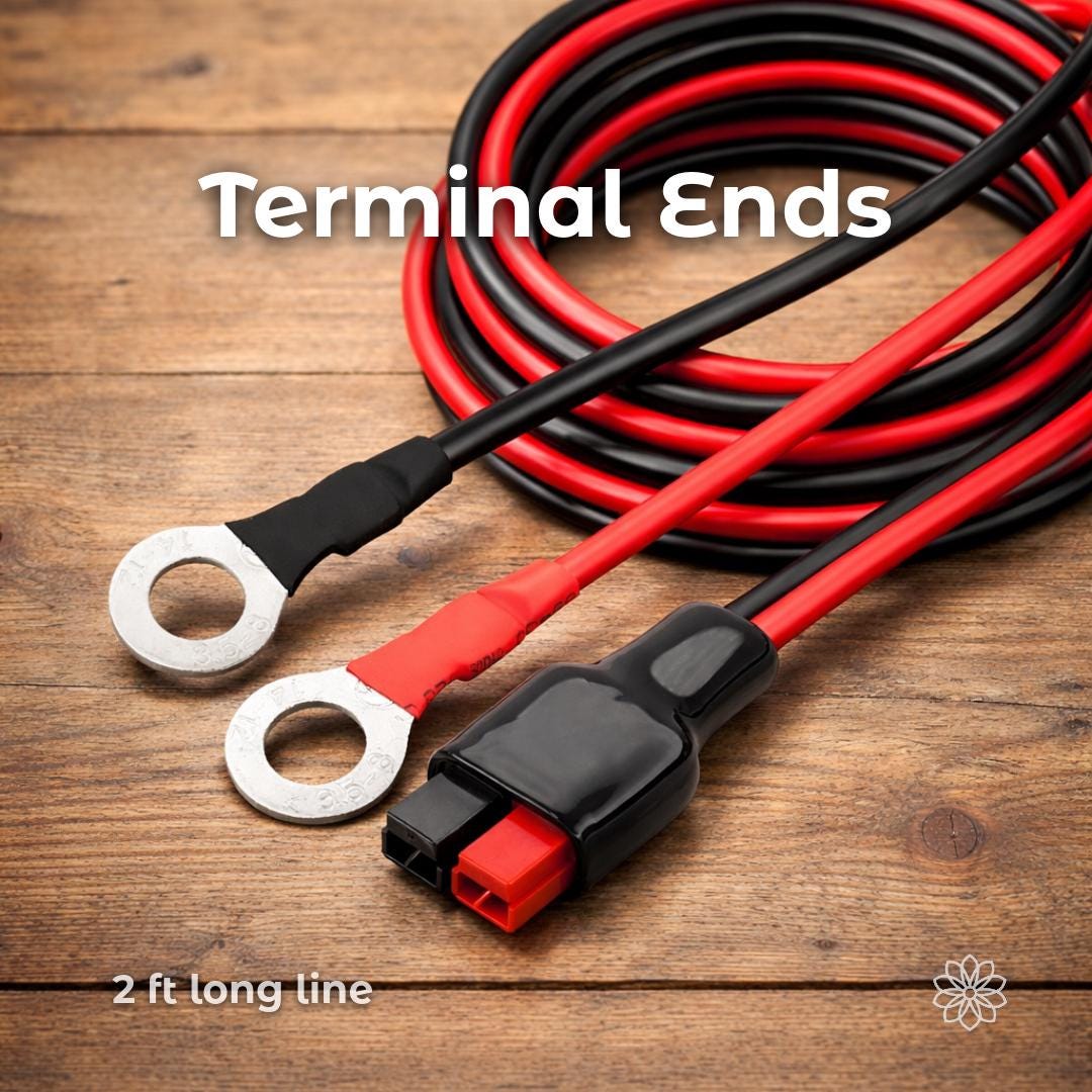 Close-up of a two-foot Anderson Powerpole adapter cable with ring terminal ends, showing red and black fine-strand copper wire with heat-shrink-protected terminations. The image highlights terminal end options and cable flexibility for DC power connections. On-image text reads “Terminal Ends” and “2 ft long line.”