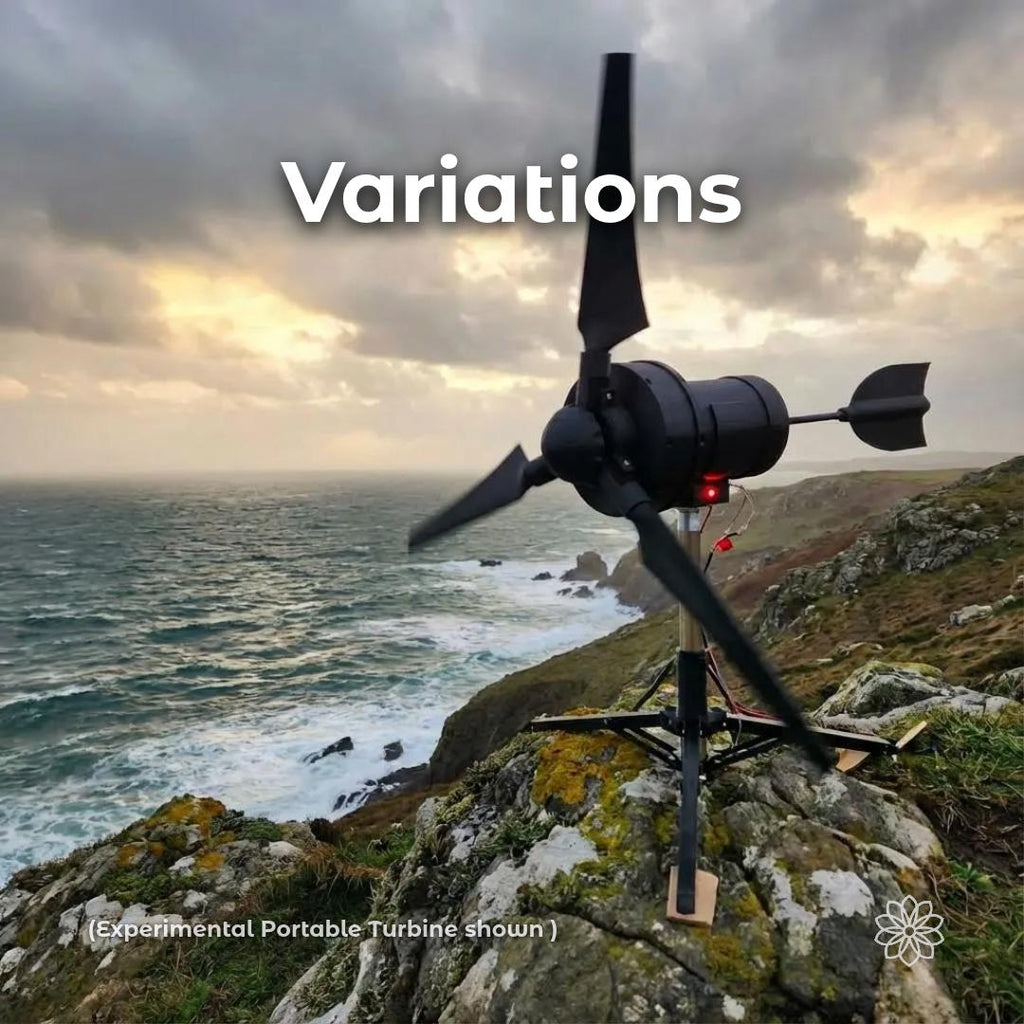 Experimental portable wind turbine mounted on a rocky coastal hillside, shown as a conceptual power source for off-grid DC systems. This image represents system variation and prototyping context rather than a specific cable product. On-image text reads “Variations” and “Experimental Portable Turbine shown.”