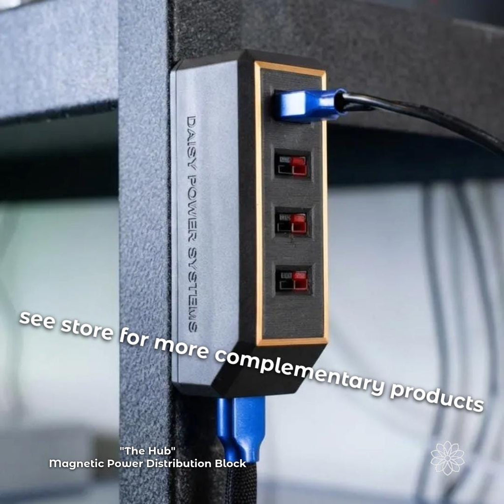 Daisy Power Systems magnetic power distribution block mounted to a vertical surface, shown with Anderson Powerpole cables connected. The image demonstrates how adapter cables interface with “The Hub” for clean DC power distribution. On-image text reads “See store for more complementary products” and “The Hub – Magnetic Power Distribution Block.”