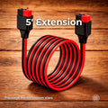 Five-inch Anderson Powerpole extension cable with red and black silicone-insulated wire, shown coiled neatly with matching connectors on both ends. This extension is intended for tight installations or spacing adjustments in modular DC power systems. On-image text reads “5 Foot Extension” and “message me for custom sizes.”