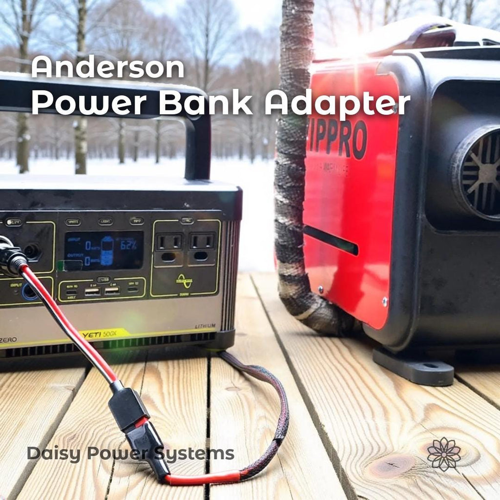 Outdoor winter scene showing a portable lithium power station on a wooden surface connected to a red diesel air heater using an Anderson Power Bank Adapter cable. The image includes the text “Anderson Power Bank Adapter” and “Daisy Power Systems.” The adapter converts a 12-volt cigarette lighter output from the power bank to Anderson Powerpole connectors for off-grid heater use.