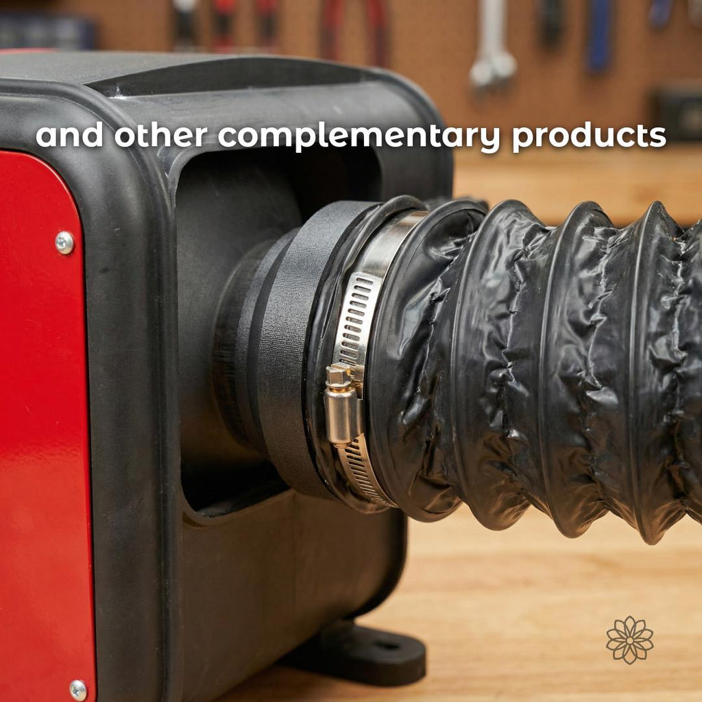 Close-up of a diesel air heater outlet with flexible black ducting secured by a metal hose clamp. The image includes the text “and other complementary products.” This image shows related off-grid heating components that integrate with DC power systems but are not included with the Anderson Power Bank Adapter.