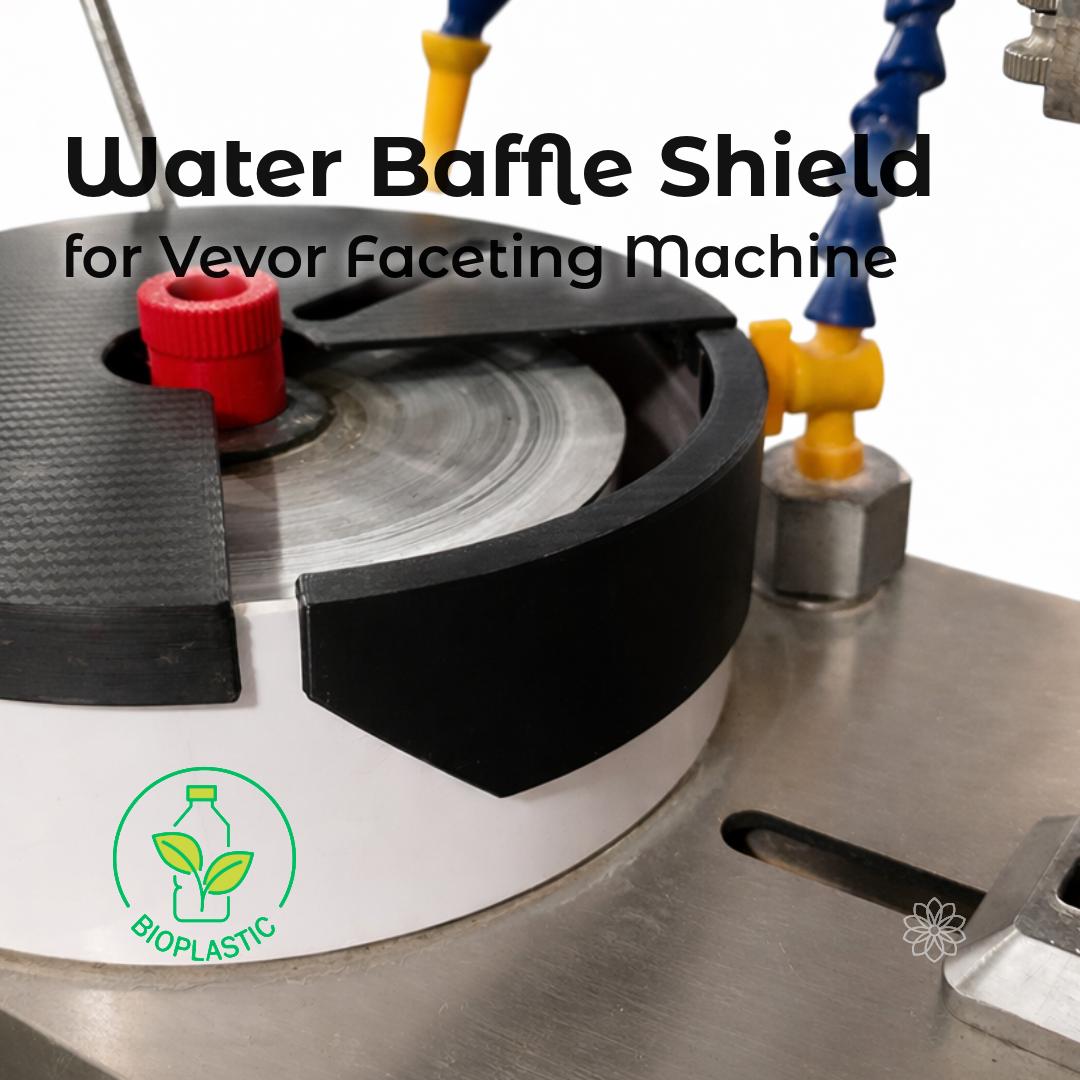 Water Baffle Upgrade installed on a Vevor faceting machine, with on-image text reading “Water Baffle Upgrade for Vevor Faceting Machine.” A black bioplastic splash baffle is mounted inside the lap basin around a spinning diamond lap, improving splash control while keeping the cutting area visible. Coolant lines, hand rest, and machine deck are shown in a clean studio setting.