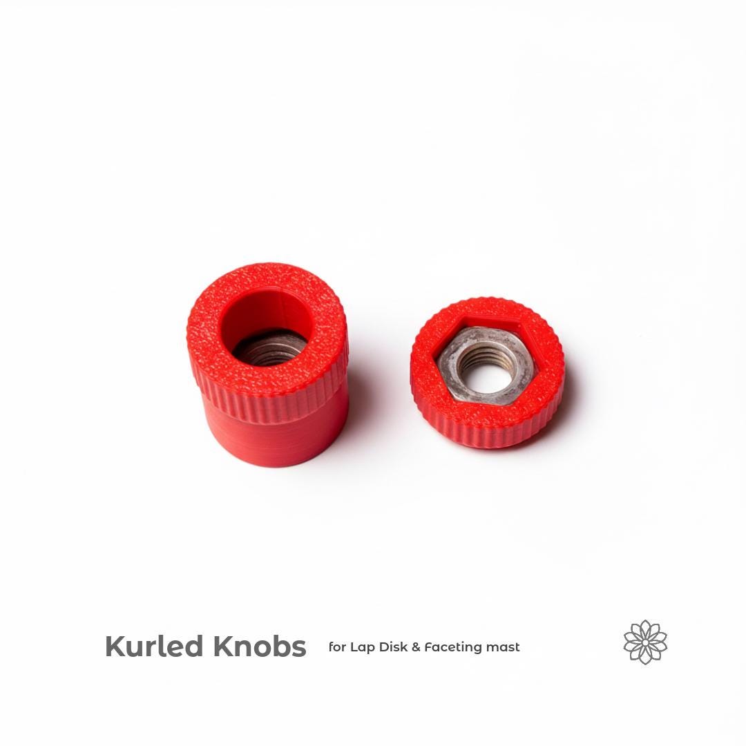 Two red knurled plastic knobs shown against a white background, one tall and one low-profile, each with metal threaded inserts. On-image text reads “Kurled Knobs for Lap Disk & Faceting mast.” The image highlights upgraded grip and durability for frequently adjusted faceting machine controls.