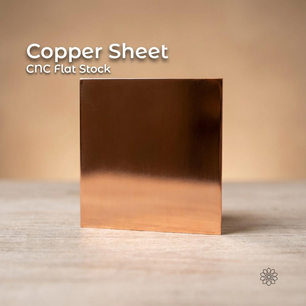 Clear, square copper sheet CNC flat stock standing upright on a work surface. This is a 100 × 100 mm copper sheet with a smooth, reflective surface and clean machined edges, shown as raw, unfinished copper intended for CNC machining, electrical grounding, EMI shielding, heat spreading, and precision fabrication applications.