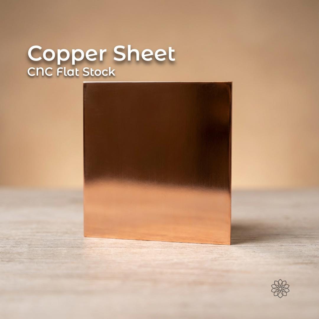 Clear, square copper sheet CNC flat stock standing upright on a work surface. This is a 100 × 100 mm copper sheet with a smooth, reflective surface and clean machined edges, shown as raw, unfinished copper intended for CNC machining, electrical grounding, EMI shielding, heat spreading, and precision fabrication applications.