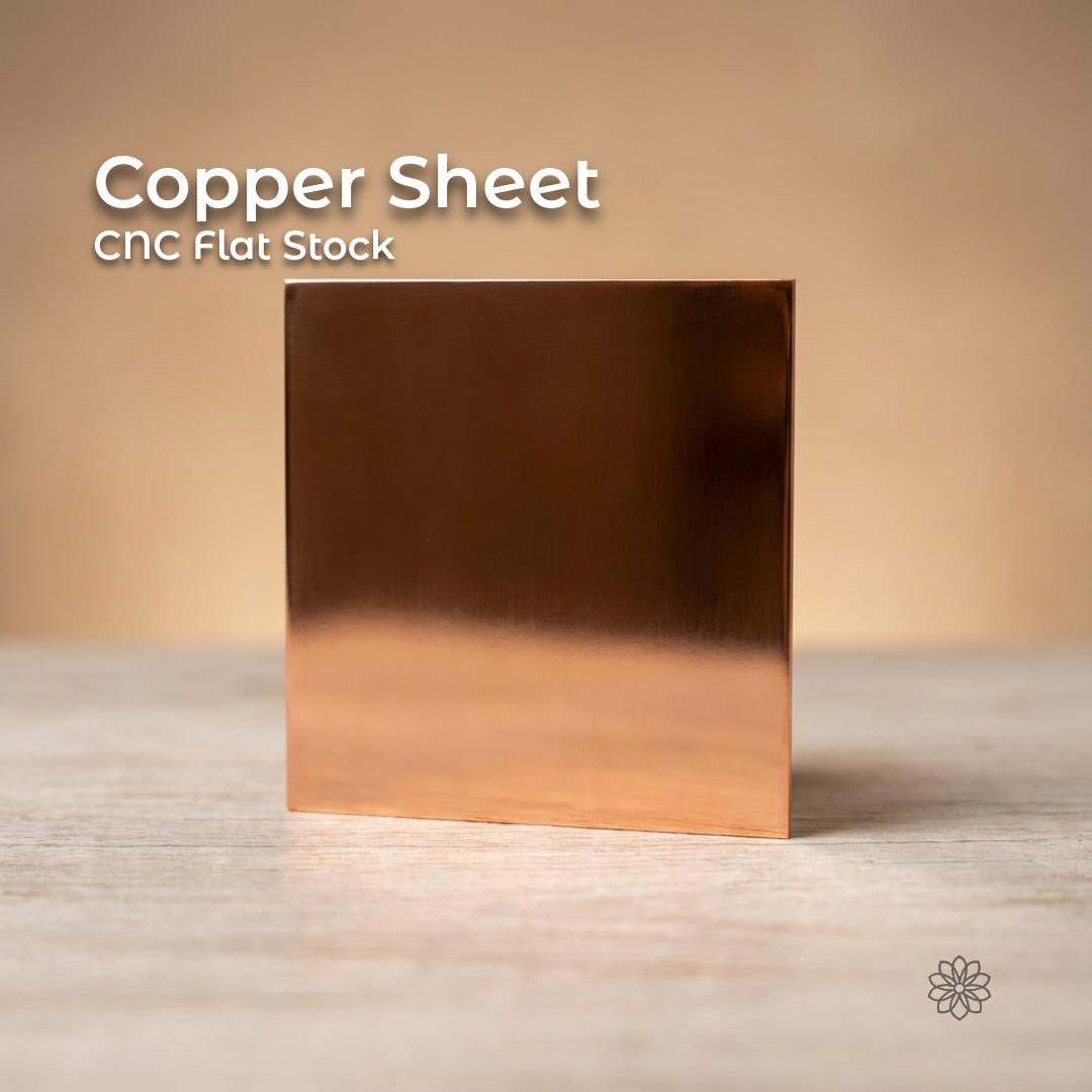 Clear, square copper sheet CNC flat stock standing upright on a work surface. This is a 100 × 100 mm copper sheet with a smooth, reflective surface and clean machined edges, shown as raw, unfinished copper intended for CNC machining, electrical grounding, EMI shielding, heat spreading, and precision fabrication applications.