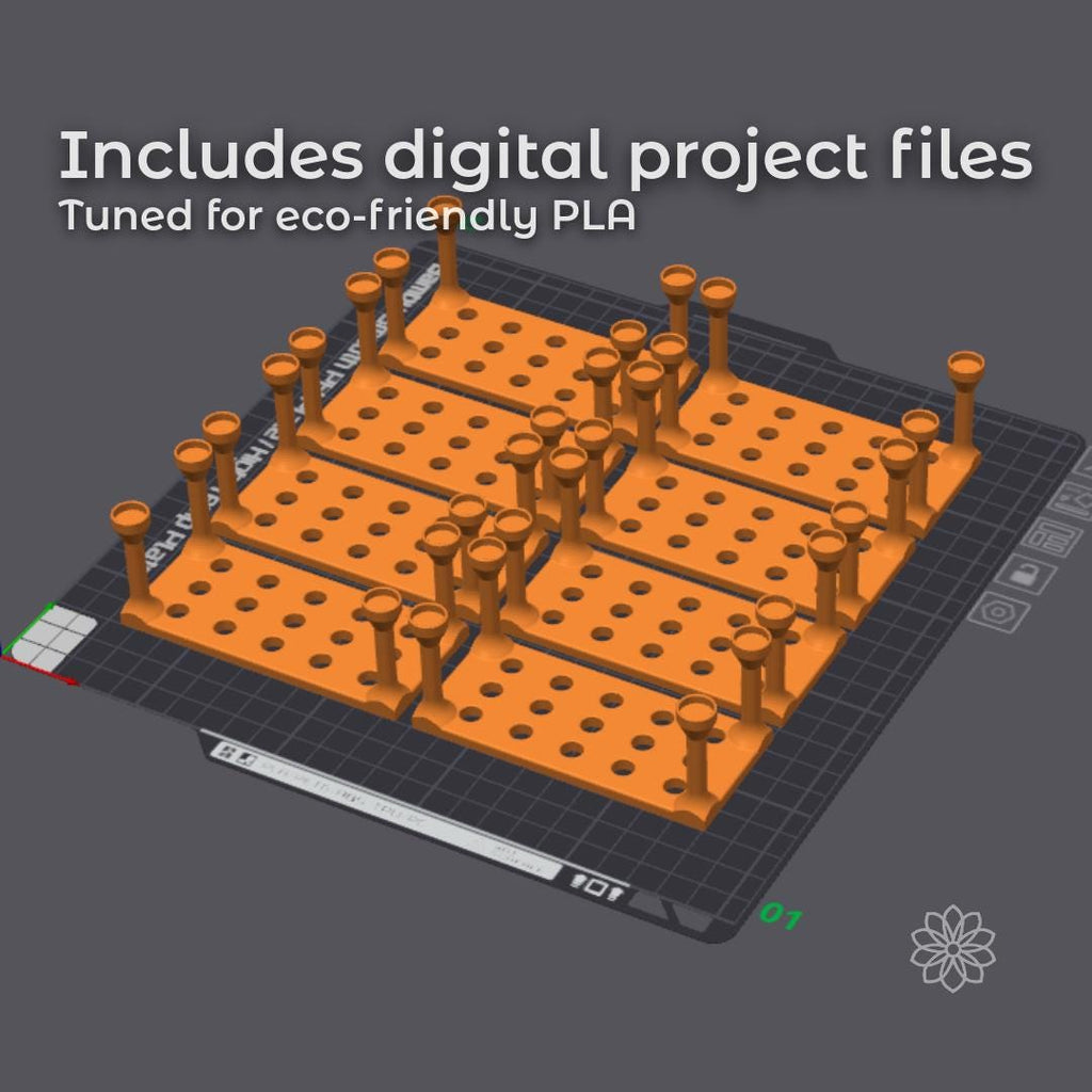 Rendered CAD image showing multiple magnetic dop stick trays arranged on a 3D printer build plate, with visible text reading “Includes digital project files – Tuned for eco-friendly PLA,” communicating that this listing provides downloadable files optimized for batch 3D printing of lapidary workflow accessories.