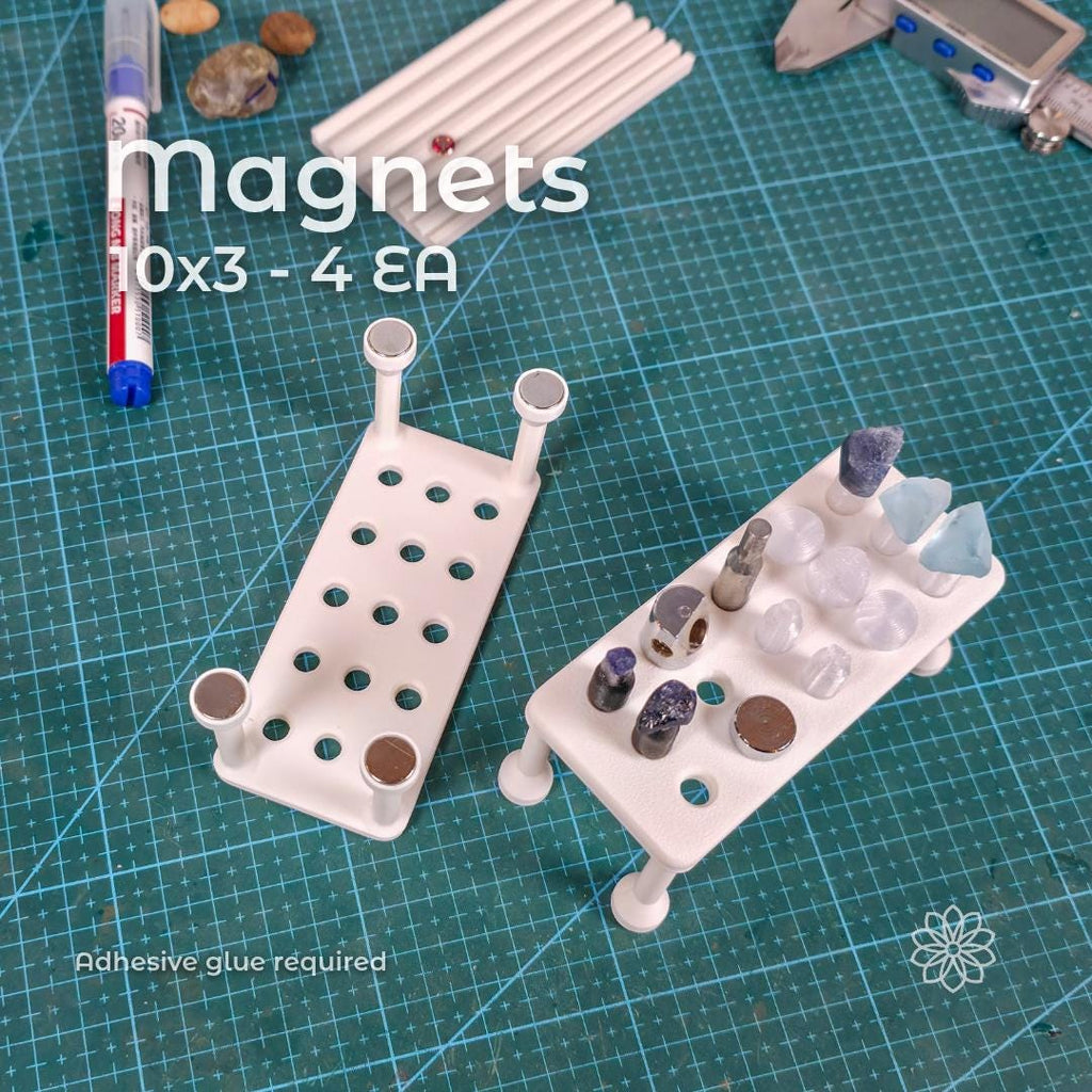 Close view of a 3D-printed magnetic dop stick tray with installed round magnets, overlaid text reading “Magnets 10x3 – 4 ea” and “Adhesive glue required,” clearly communicating magnet size, quantity, and assembly requirements for completing the printed tray.