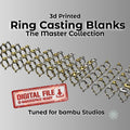 A full collection of 3D-printed cabochon ring blank models arranged in gold and silver renderings. Text reads “3D Printed Casting Ring Blanks – The Master Collection.” Digital project files designed for Bambu Studios, representing oval, round, and square casting blanks for jewelry making.