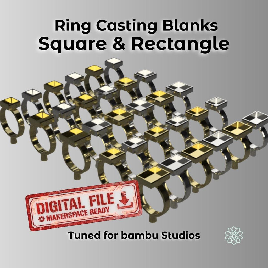 Rendered display of multiple 3D-modeled cabochon ring blanks in silver and gold finishes, arranged in rows on a reflective surface. Text overlay reads “Digital Project Files for Bambu Studios – Square & Rectangle Cabochon Ring casting Blanks.” Designed for PolyCast burnout filament, ideal for 3D printing and jewelry casting.