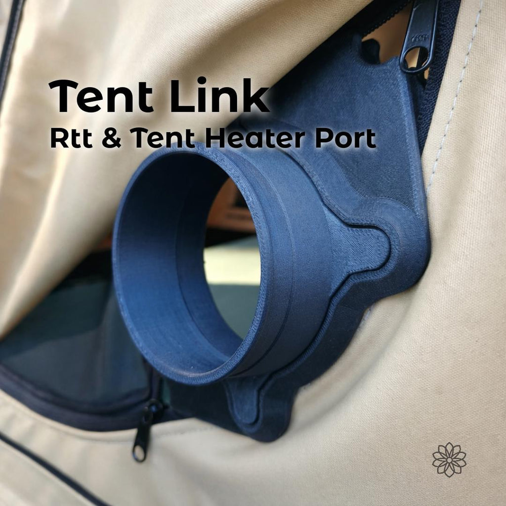 Tent Link magnetic diesel heater port installed in a rooftop tent wall, creating a clean 4 inch heater connection without cutting or permanently modifying the fabric. The image shows a rigid heater interface seated securely against the tent material with on-image text reading “Tent Link – RTT & Tent Heater Port.”