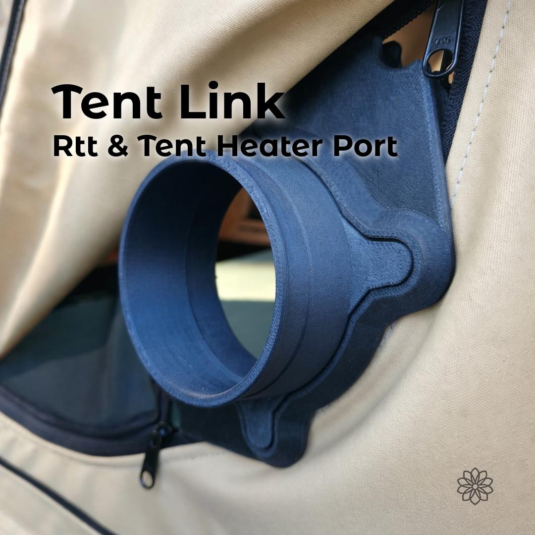 Tent Link magnetic diesel heater port installed in a rooftop tent wall, creating a clean 4 inch heater connection without cutting or permanently modifying the fabric. The image shows a rigid heater interface seated securely against the tent material with on-image text reading “Tent Link – RTT & Tent Heater Port.”