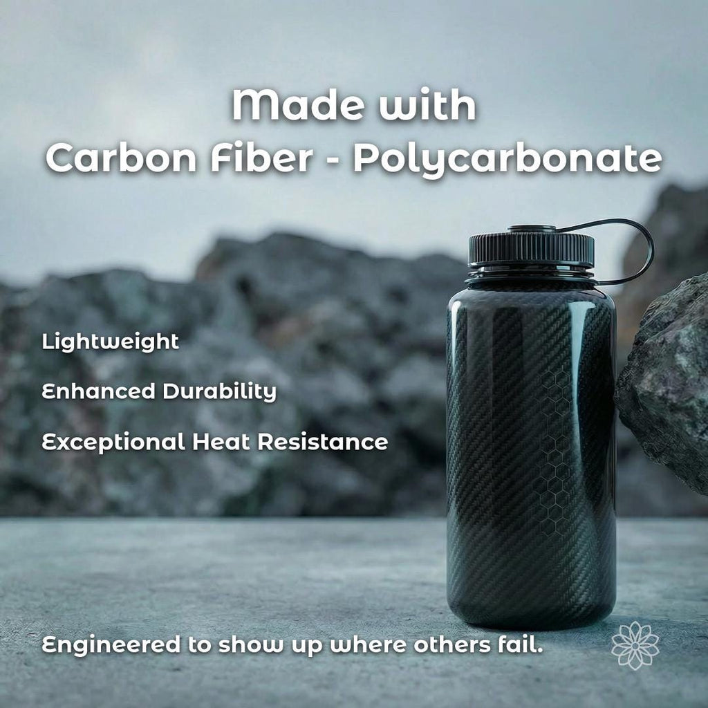 Close-up product image emphasizing a carbon fiber reinforced polycarbonate diesel heater adapter, designed for lightweight strength and high heat resistance. The image highlights durable construction for overland, winter camping, and off-grid heating where traditional plastic adapters may fail under sustained heat.