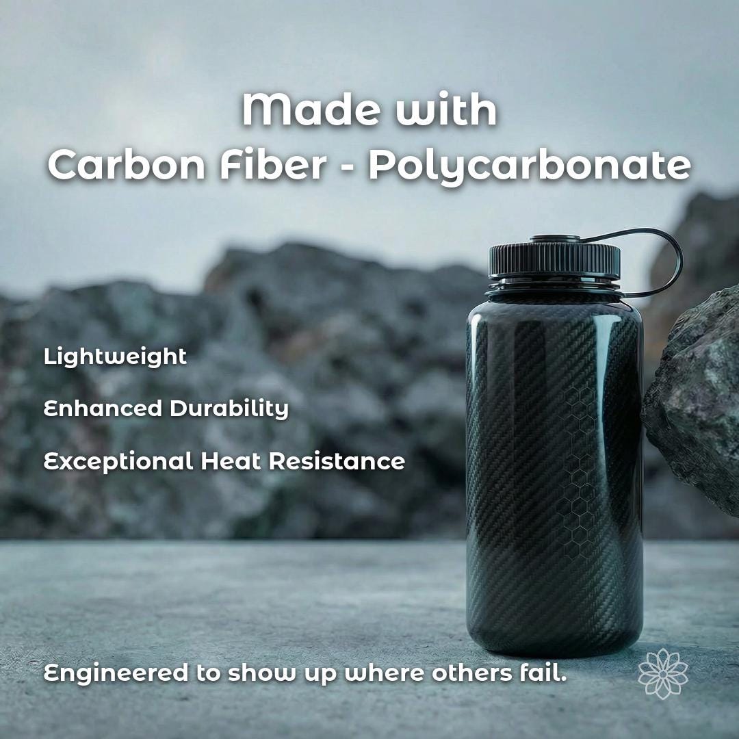 Close-up product image emphasizing a carbon fiber reinforced polycarbonate diesel heater adapter, designed for lightweight strength and high heat resistance. The image highlights durable construction for overland, winter camping, and off-grid heating where traditional plastic adapters may fail under sustained heat.