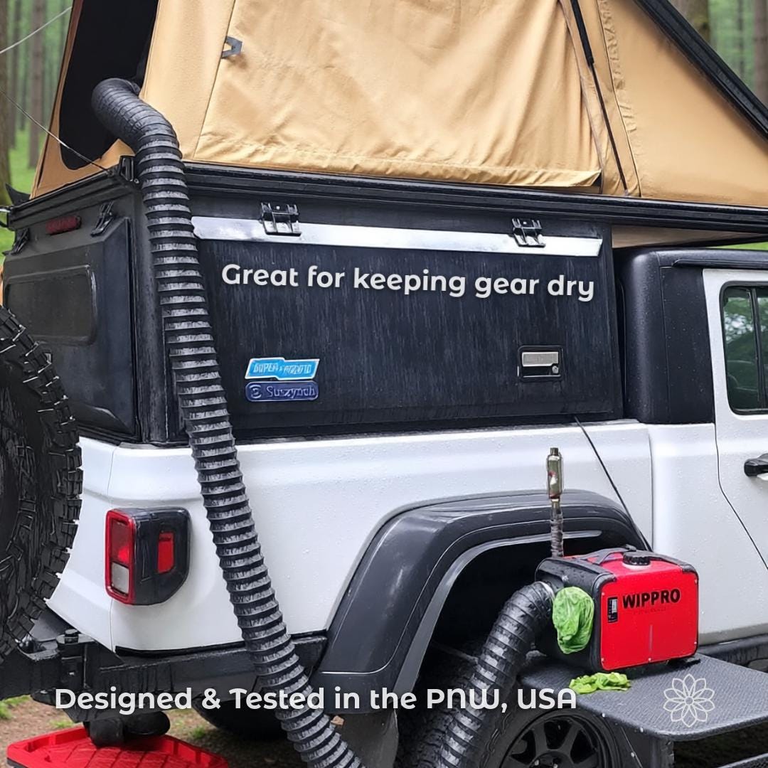 Jeep gladiator Ecodiesel Overland vehicle with Superpacific Camper rtt tent heated by a portable diesel heater connected to a 4-inch dryer hose using a 75mm adapter. The setup demonstrates real-world use for keeping gear and sleeping areas warm during camping, hunting, and winter travel. Designed and tested for mobile and off-grid heating applications.