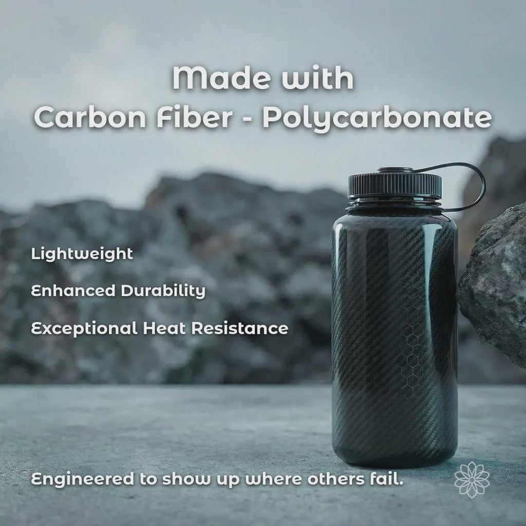 Brand image representing carbon fiber reinforced polycarbonate material used in Vent Link heater accessories, emphasizing lightweight strength, enhanced durability, and heat resistance. On-image text reads “Made with Carbon Fiber – Polycarbonate,” “Lightweight,” “Enhanced Durability,” “Exceptional Heat Resistance,” and “Engineered to show up where others fail.”