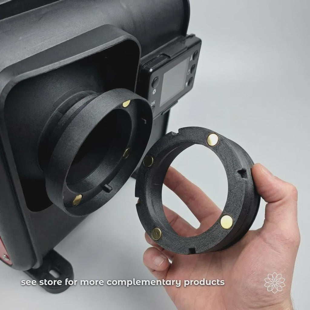 Vent Link magnetic adapter ring shown aligning with a diesel heater outlet using the shared magnetic interface. The image demonstrates how Vent Link components integrate with complementary heater accessories to create a modular airflow system. On-image text reads “see store for more complementary products.”