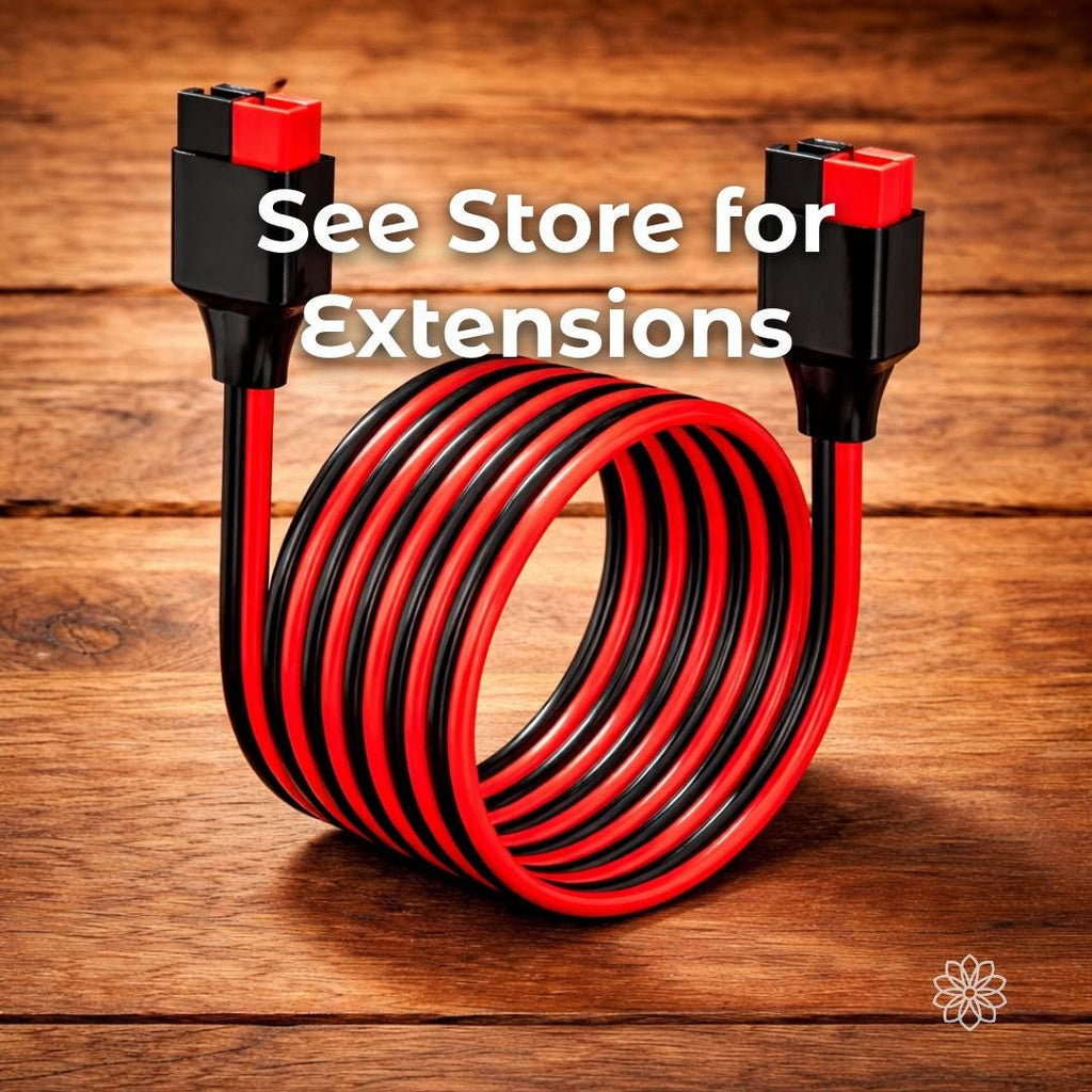 Coiled red and black Anderson Powerpole extension cable displayed on a wooden surface. The image includes the text “See Store for Extensions.” This image references compatible extension cables available separately and illustrates the standardized Anderson connector system used across modular DC power setups.