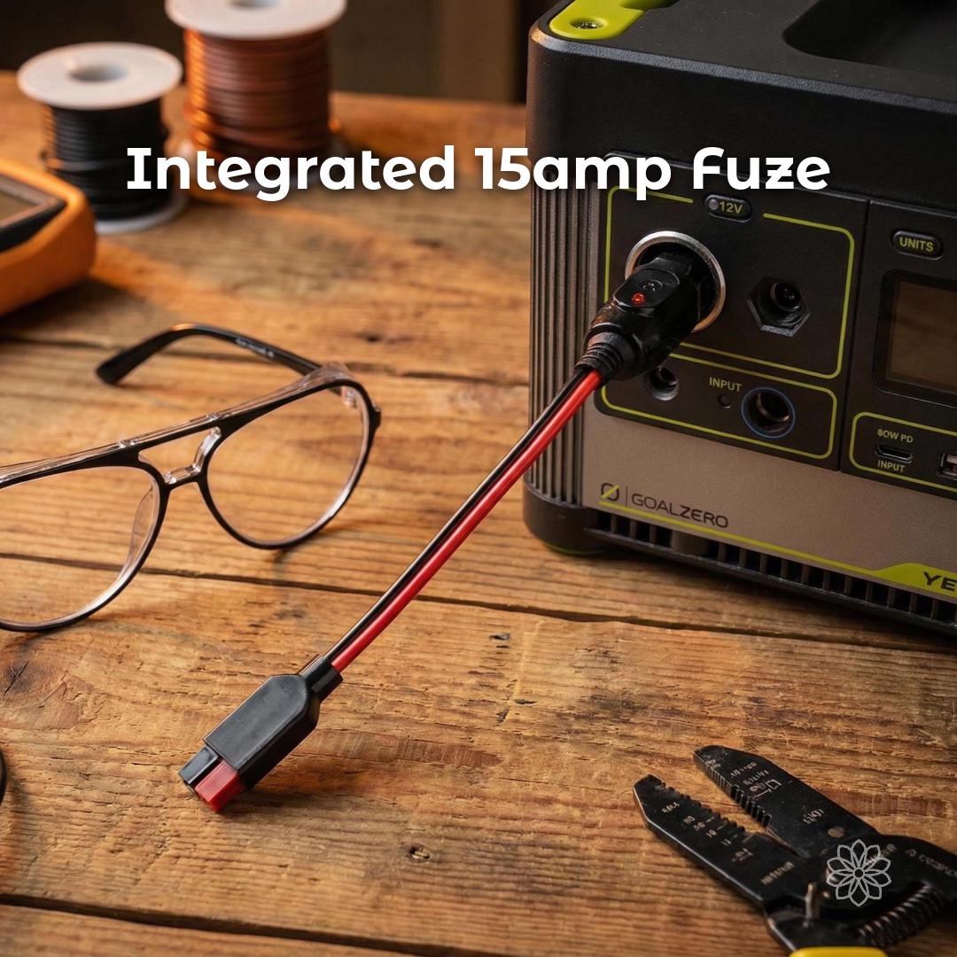 Close-up of an Anderson Power Bank Adapter plugged into a Goal Zero power station on a wooden workbench. The image includes the text “Integrated 15amp Fuse.” The inline fused cigarette lighter plug and Anderson Powerpole connector are visible, highlighting built-in overcurrent protection for DC appliances and off-grid power systems.
