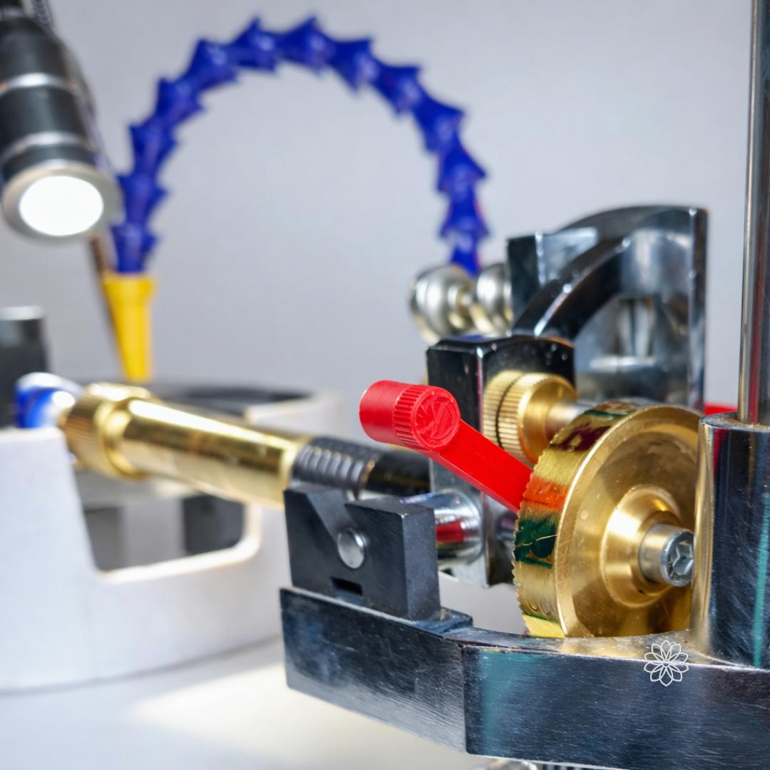 Angled close-up of a faceting machine mast and angle dial with a red free spin control lever installed. The image emphasizes the adapter’s position relative to the mast and quill, showing how the free spin adapter integrates into the faceting machine to improve adjustability and control during cutting.