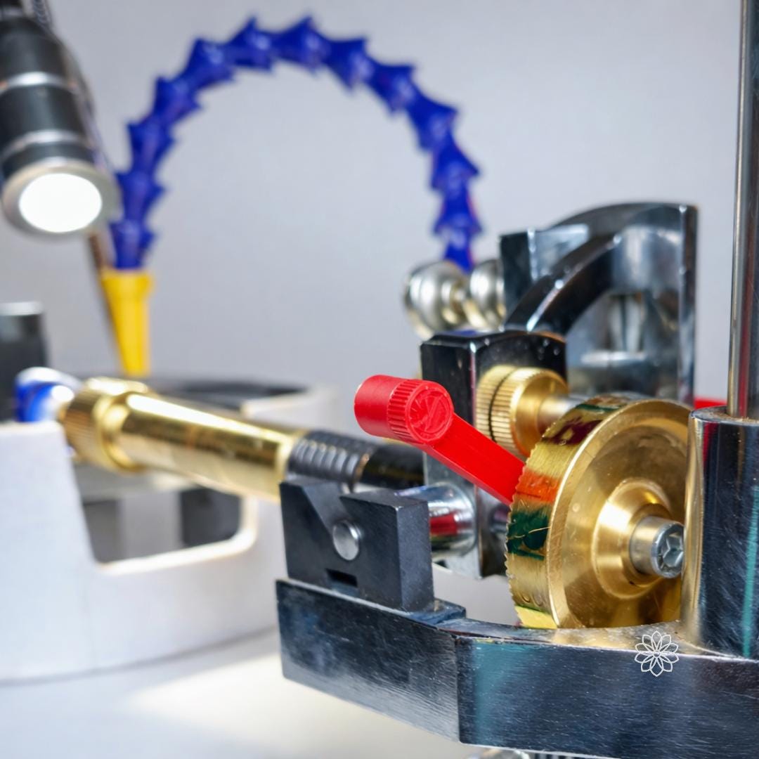 Gemstone faceting machine head showing the brass index gear and quill assembly with the red Free Spin Adapter installed. The adapter holds the index mechanism away from the gear so the quill and dop stick can rotate freely for shaping and centering rough stones.