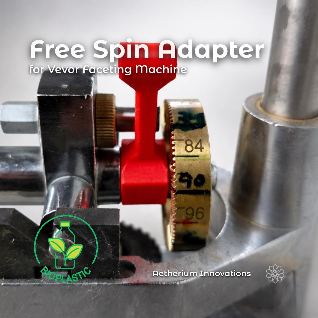 Faceting machine index gear with a red bioplastic Free Spin Adapter installed on a Vevor gemstone faceting head. The adapter pulls the index spring away from the brass gear so the quill can spin freely. Visible text reads “free Spin Adapter for Vevor Faceting Machine,” with a green icon labeled “Bioplastic.”