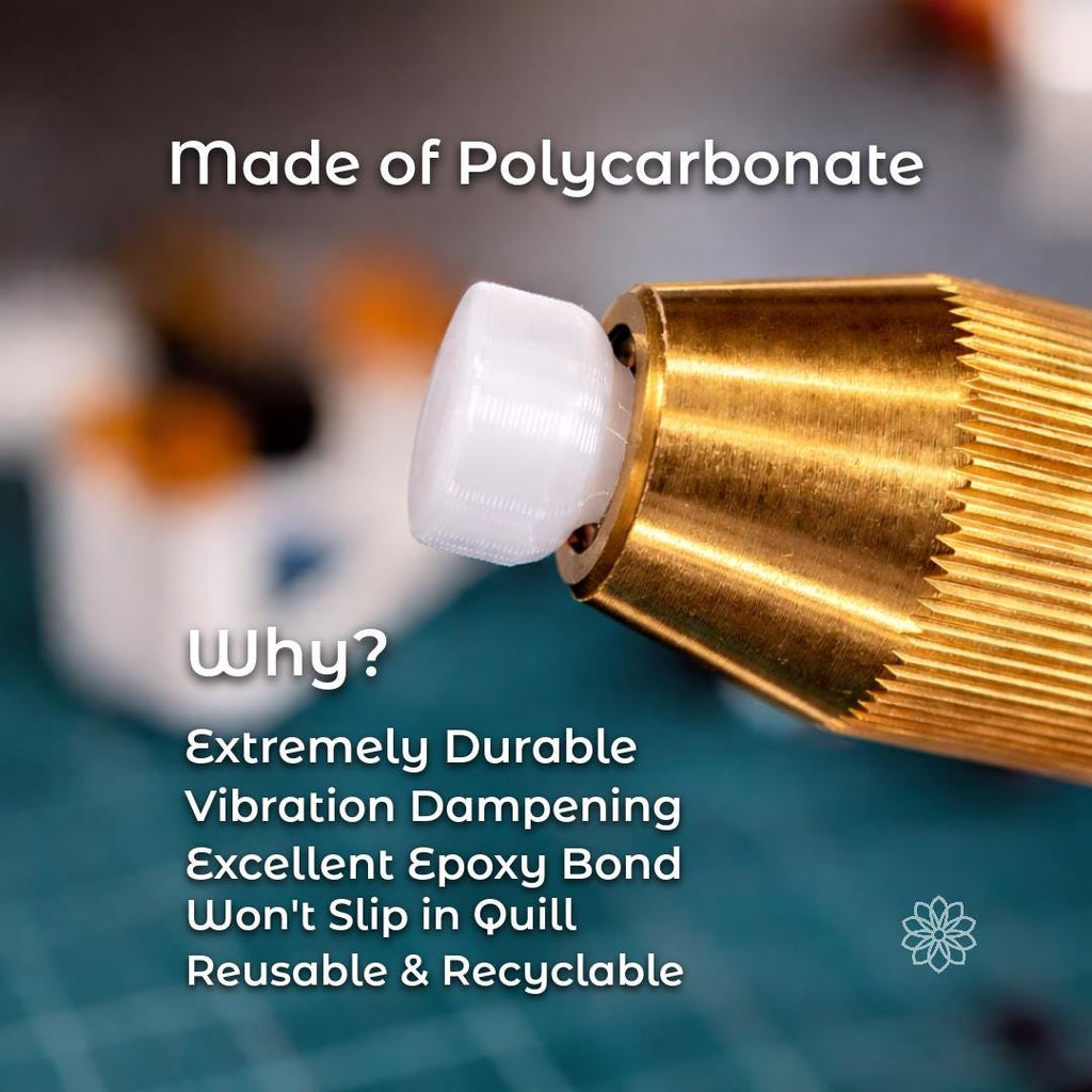 Polycarbonate dop stick installed in a brass faceting machine chuck with workshop background. Text on image reads “Made of Polycarbonate – Why? Extremely Durable, Vibration Dampening, Excellent Epoxy Bond, Won’t Slip in Quill, Reusable & Recyclable.” Transparent dop stick used for securely mounting gemstones during lapidary faceting and polishing.