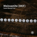 Hero image of DEF color 1 mm round cut moissanite stones arranged in a straight line on a dark wood background
