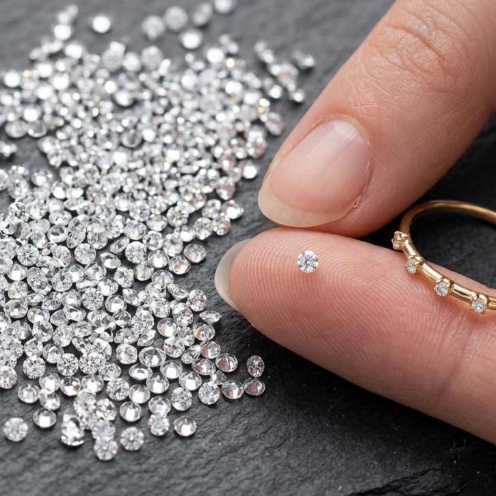 Close-up image of DEF color 1 mm round cut moissanite stones scattered on a dark textured surface. One calibrated micro gemstone is placed on a fingertip to show scale, highlighting its diamond-like brilliance and fine facet detail. A gold ring with small pavé accent stones appears beside the hand, demonstrating use in delicate halo and micro pavé jewelry settings.