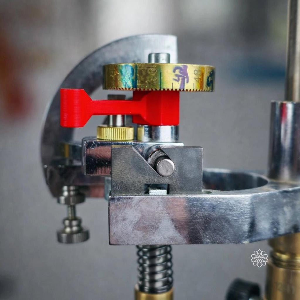 Side view of the faceting machine index gear assembly with the red Free Spin Adapter mounted between the index mechanism and the brass gear, allowing the quill to spin freely during stone shaping.