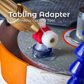 45-degree dop table adapter in use on a faceting lap machine, holding a gemstone dop at a fixed angle against a diamond lap for cutting a flat table surface. Red polymer adapter mounted to a brass faceting handpiece with coolant water on the spinning lap. Overlay text reads “Tabling Adapter – 45° Window Cutting Tool.” Precision lapidary tool designed for 6 mm dop systems such as Vevor faceting machines.